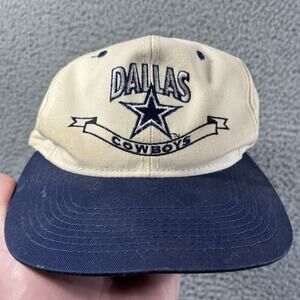 Vintage 90s Dallas Cowboys Drew Pearson Snapback Hat Cream Navy Blue Green Brim